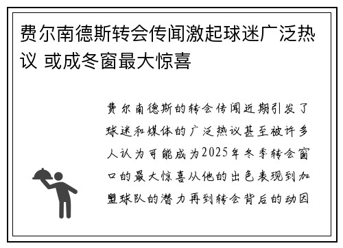 费尔南德斯转会传闻激起球迷广泛热议 或成冬窗最大惊喜
