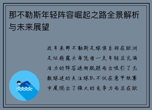 那不勒斯年轻阵容崛起之路全景解析与未来展望