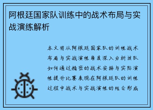 阿根廷国家队训练中的战术布局与实战演练解析