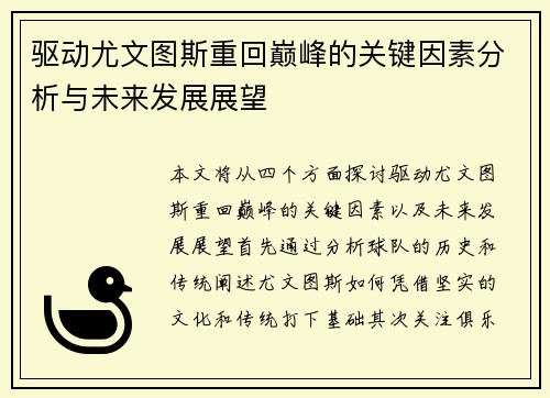 驱动尤文图斯重回巅峰的关键因素分析与未来发展展望