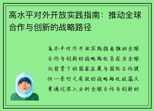 高水平对外开放实践指南：推动全球合作与创新的战略路径