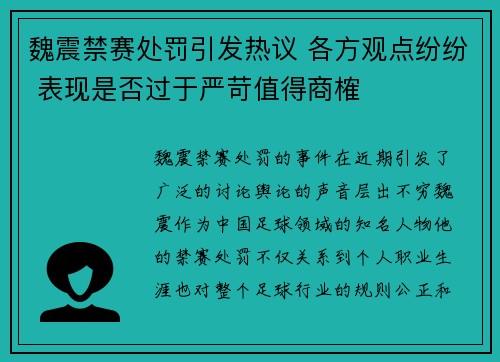 魏震禁赛处罚引发热议 各方观点纷纷 表现是否过于严苛值得商榷